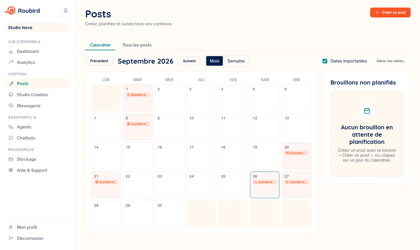 Capture d'&eacute;cran du calendrier de publication Roubird