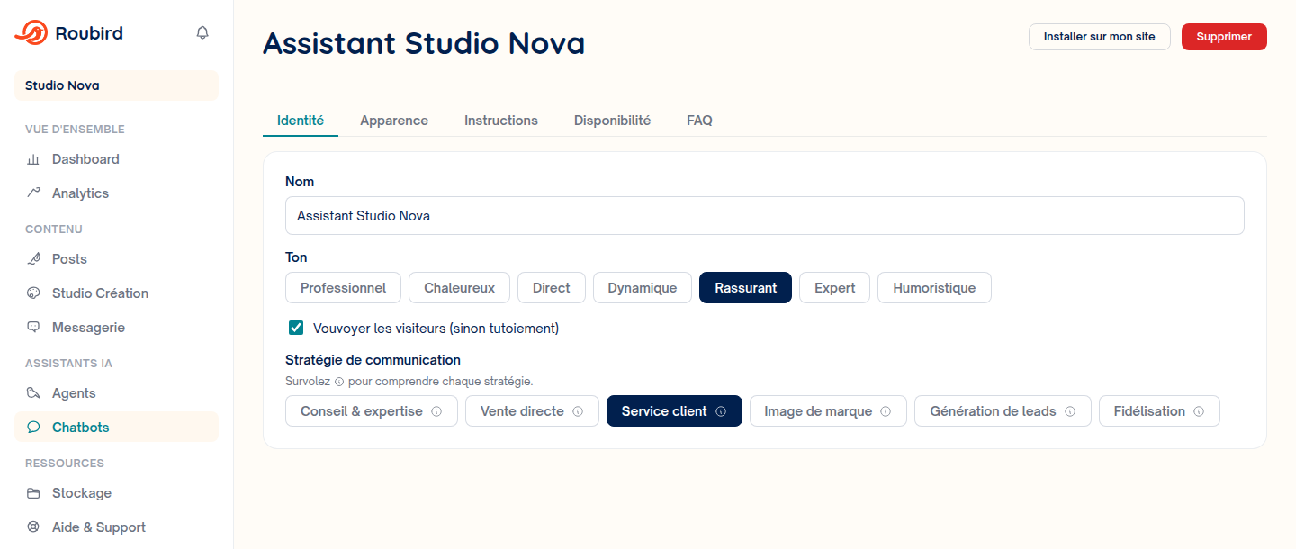 Capture d'&eacute;cran de la configuration d'un agent Roubird (ton et strat&eacute;gie de communication)